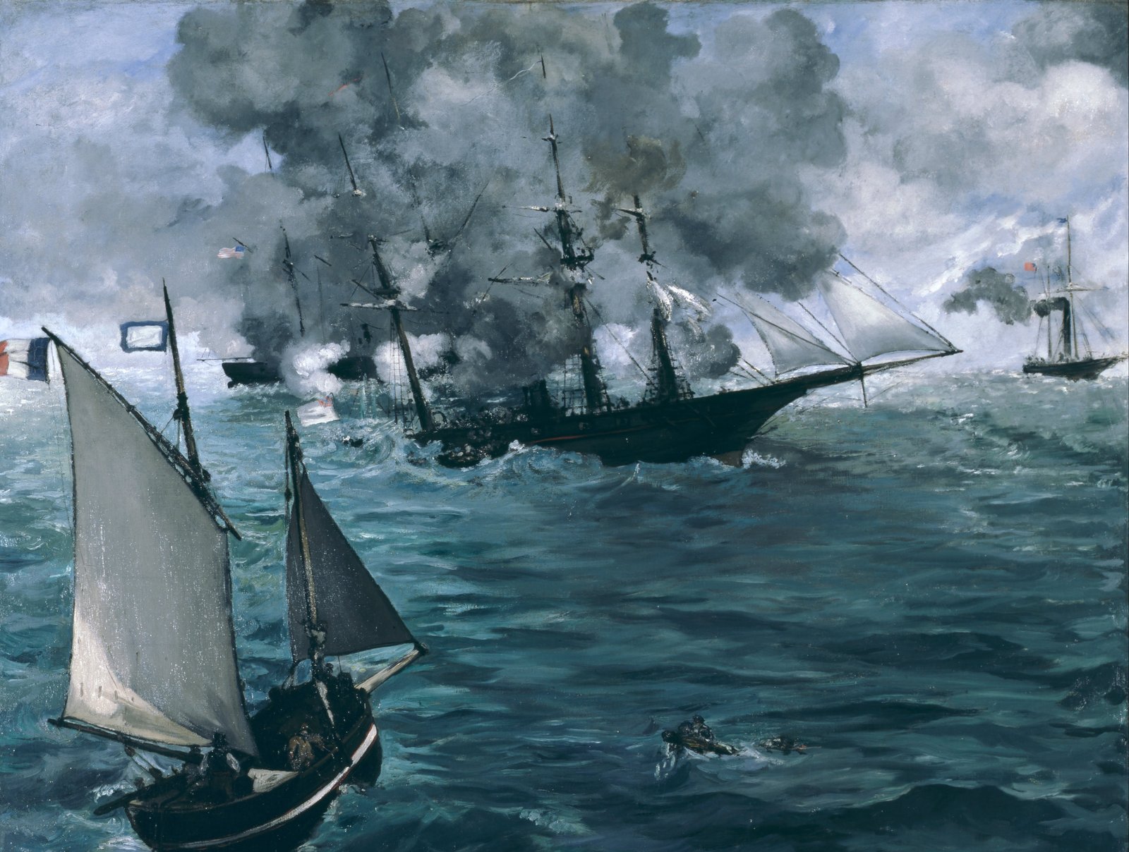 Painting of a sea battle under a sky full of dark gun smoke: a black-hulled steam sloop with tall masts sinking by the stern in the middle distance, another warship half hidden in smoke behind it, a small steamer flying an American flag at right, and a French pilot boat with gray sails in the choppy green water in front.