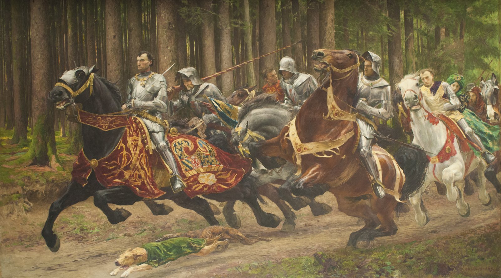 Large painting of Duke Charles the Bold of Burgundy in full plate armor galloping on a black horse with a red and gold caparison through a dark pine forest, followed by armored knights and courtiers on brown, gray and white horses, a dog running beside them on the forest track.