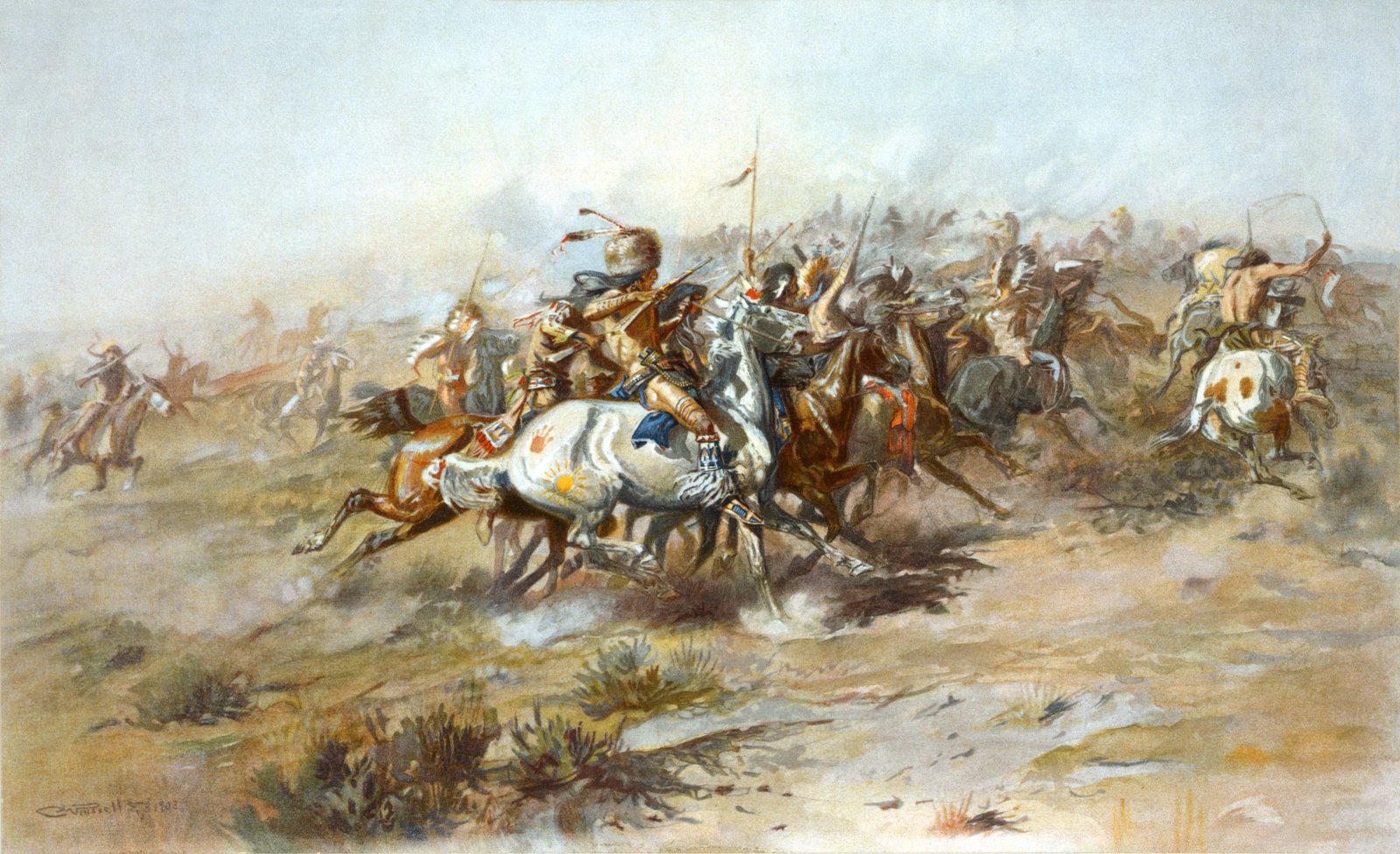 Painting of Lakota and Cheyenne warriors on horseback charging through dust and gun smoke across a dry, sage-covered slope, a warrior in a fur cap on a white horse marked with painted handprints at the center, more riders with lances and rifles stretching into the haze behind.