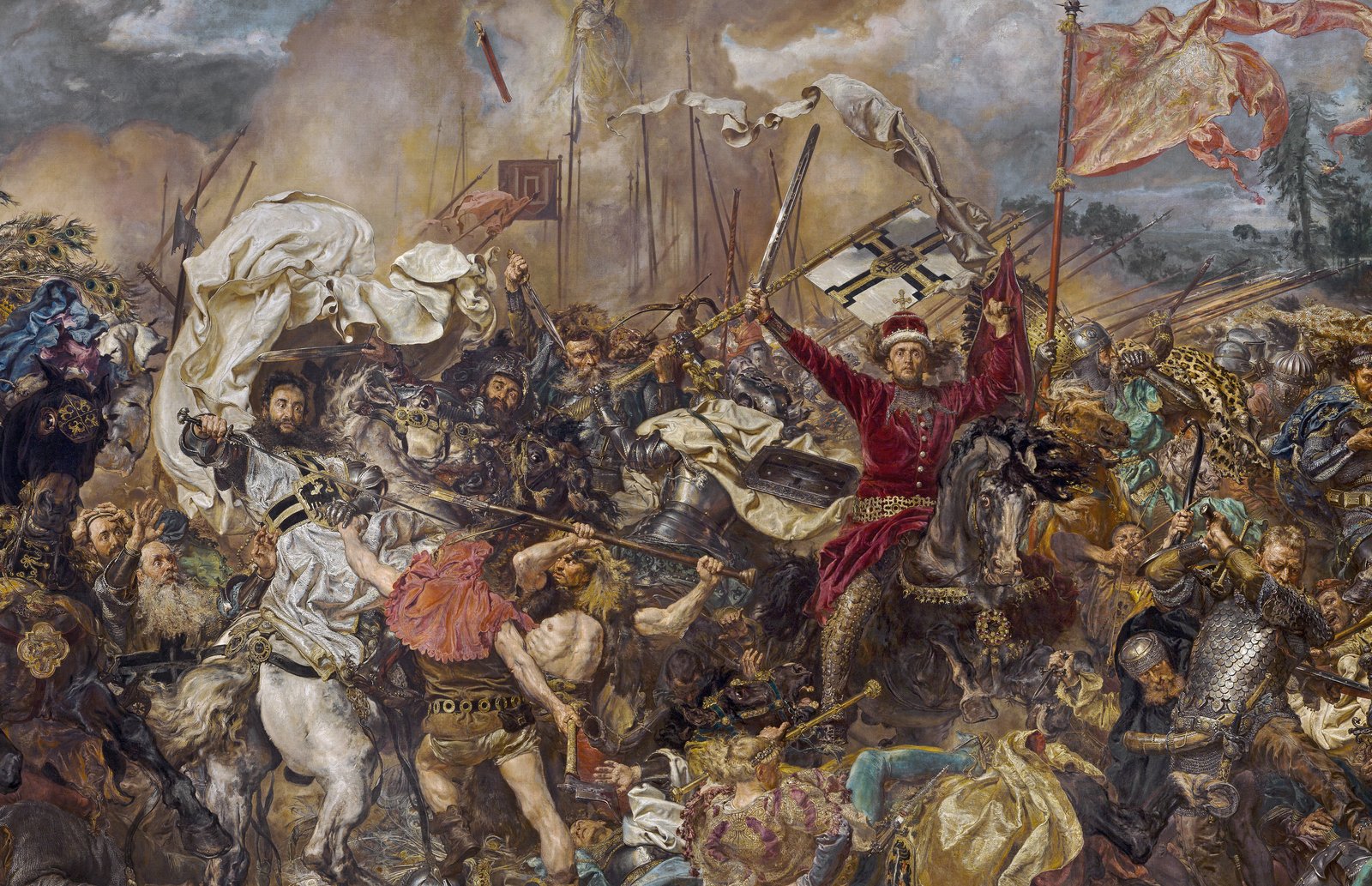 Detail of a crowded battle painting: at the center a rider in a red robe and fur-trimmed crown raises a sword with both arms, while on the left a knight in a white cloak with a black cross is attacked by a half-naked footman with a spear, under torn banners and a stormy sky.