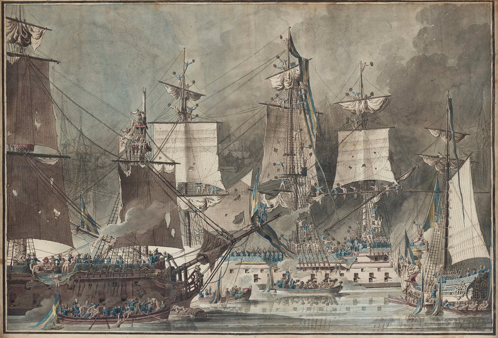 Hand-colored print: Swedish ships of the line with torn, shot-holed sails and blue and yellow flags lie close together in a calm sea after the battle, sailors crowd the rigging and decks, and rowing boats full of men move between the hulls under a sky dark with smoke.