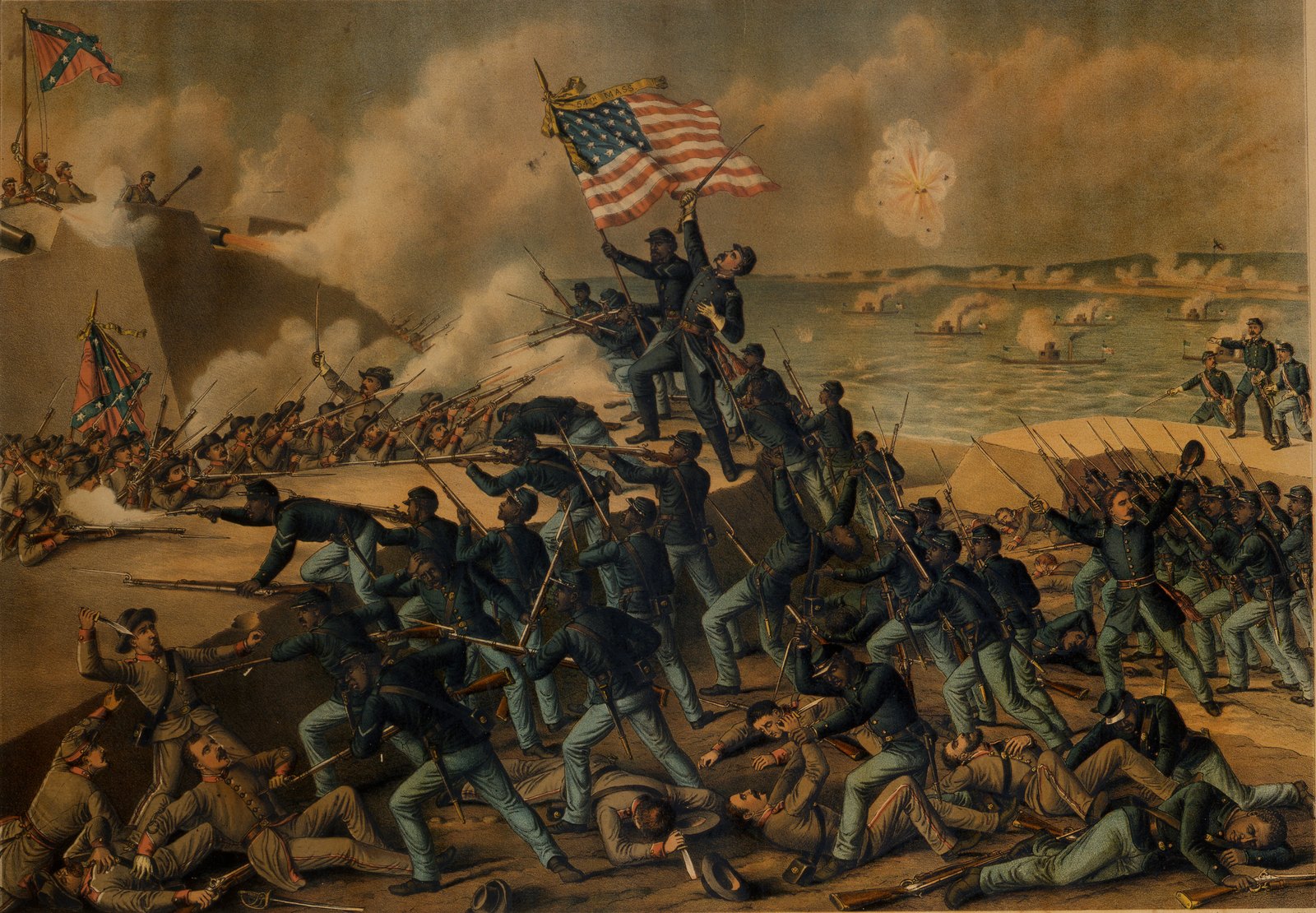 Color lithograph: Black Union soldiers in dark blue coats storm up the sand slope of Fort Wagner with fixed bayonets, an officer at the crest raising the Stars and Stripes, Confederate defenders in gray firing from the parapet and fighting hand to hand among the fallen, and ironclads firing from the sea in the background.