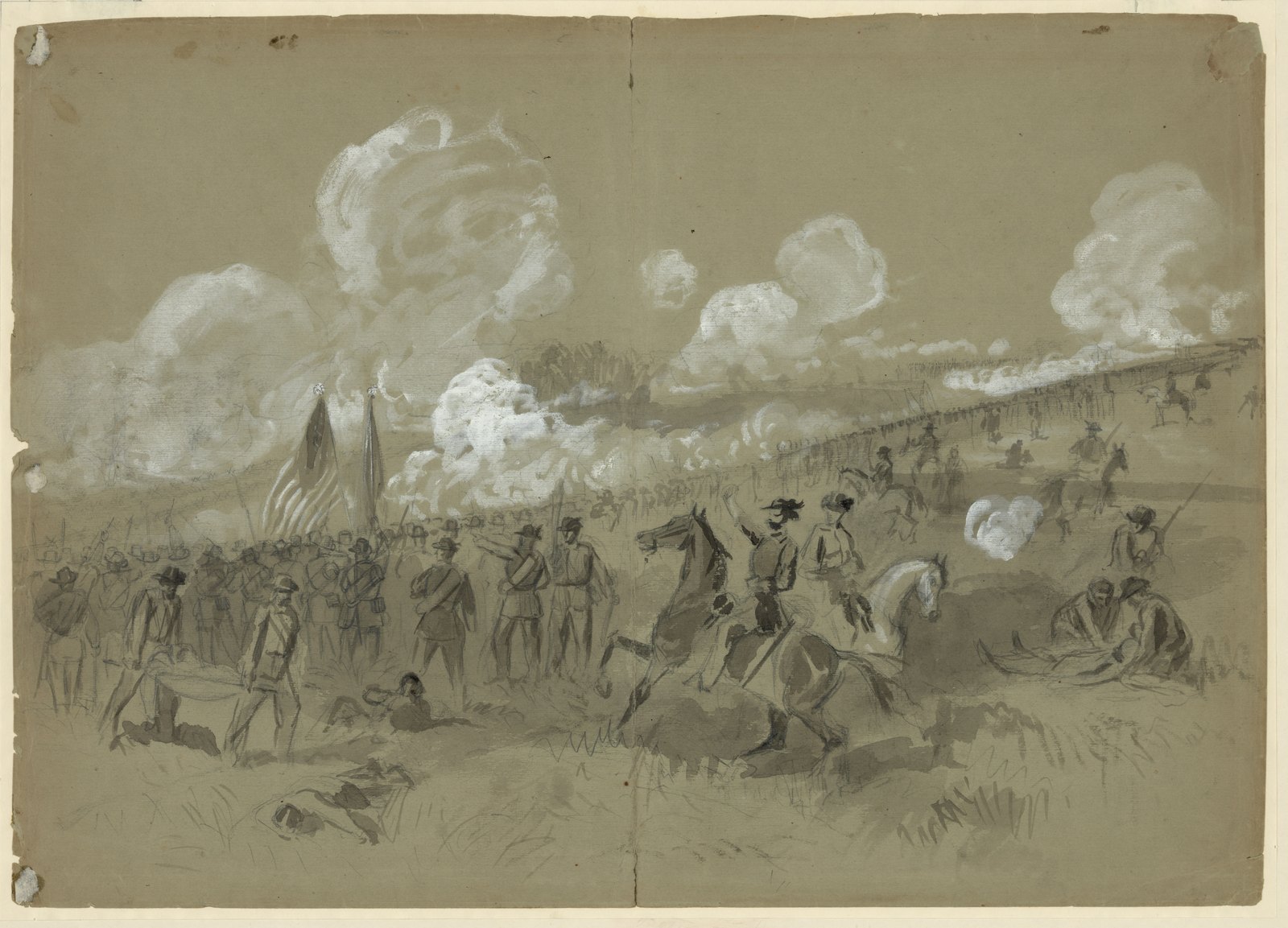 Pencil and white wash drawing on green-gray paper: Union infantry with two flags stand massed on the left, mounted officers ride forward waving their hats, wounded men lie and are tended in the grass, and long lines of troops and clouds of gunsmoke rise along a ridge in the background.
