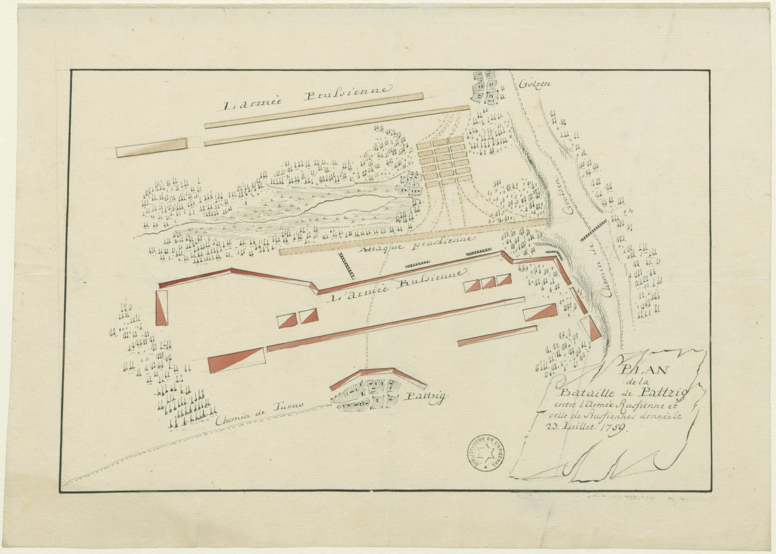 Hand-drawn 18th-century battle plan in ink and watercolor: the Prussian army in pale bars at the top, a wooded marshy stream in the middle, the Prussian attack line below it and the Russian army in red bars and blocks drawn up in front of the village of Paltzig, with a road and a title cartouche at the lower right.