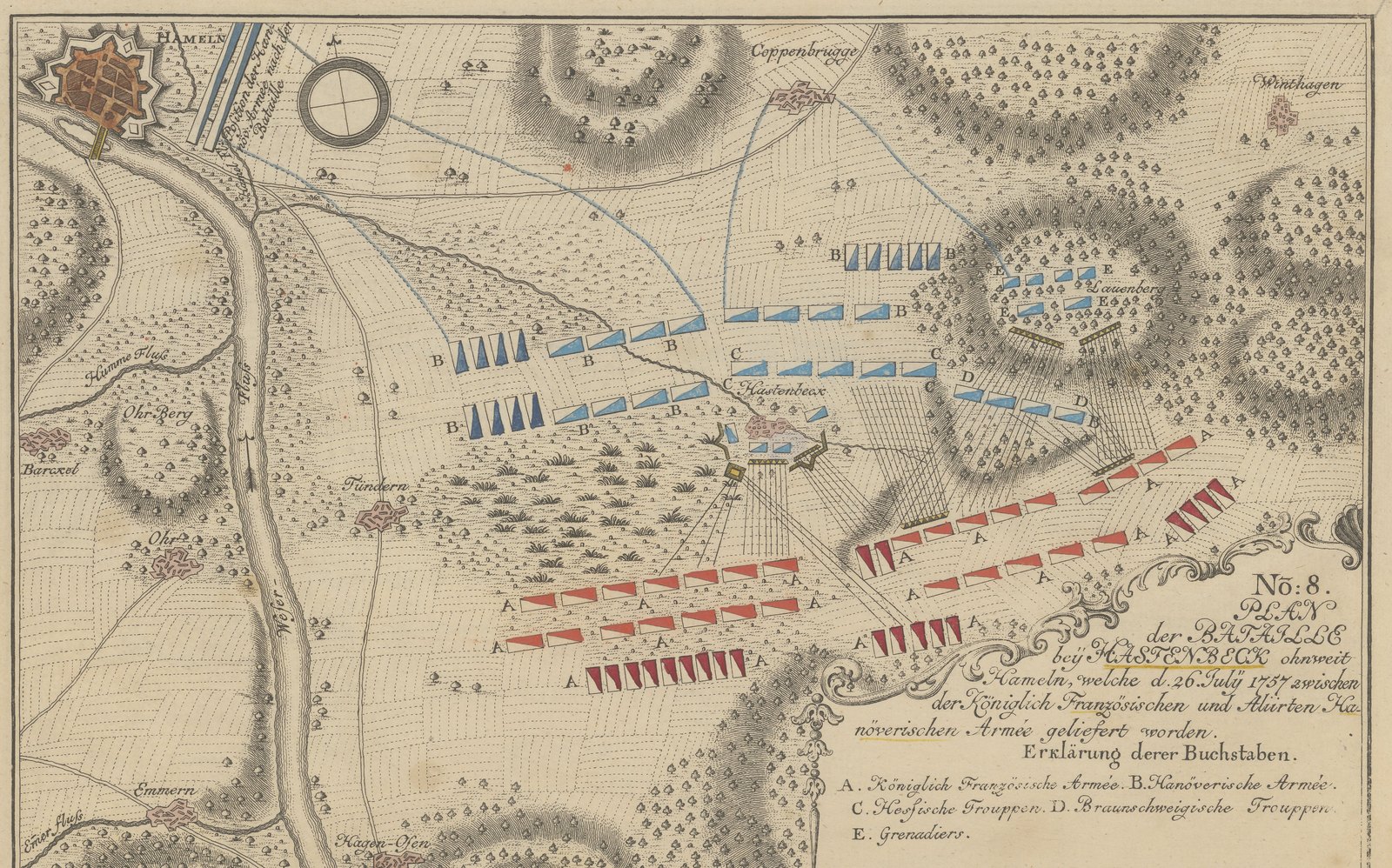 Hand-colored 18th-century engraved battle plan: the fortified town of Hameln and the Weser river on the left, the allied Hanoverian, Hessian and Brunswick army in blue lines around the village of Hastenbeck and a wooded hill, and the French army in red lines advancing from below, with lines of artillery fire between them and a decorated title cartouche at the lower right.