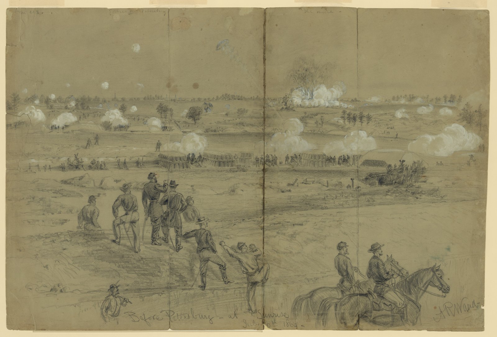 Pencil and white wash drawing on gray-green paper: Union officers and soldiers stand on a rise in the foreground watching, two of them on horseback, while across a wide field of earthworks and fences a great cloud of smoke and earth rises from the Confederate line and puffs of artillery smoke dot the horizon.