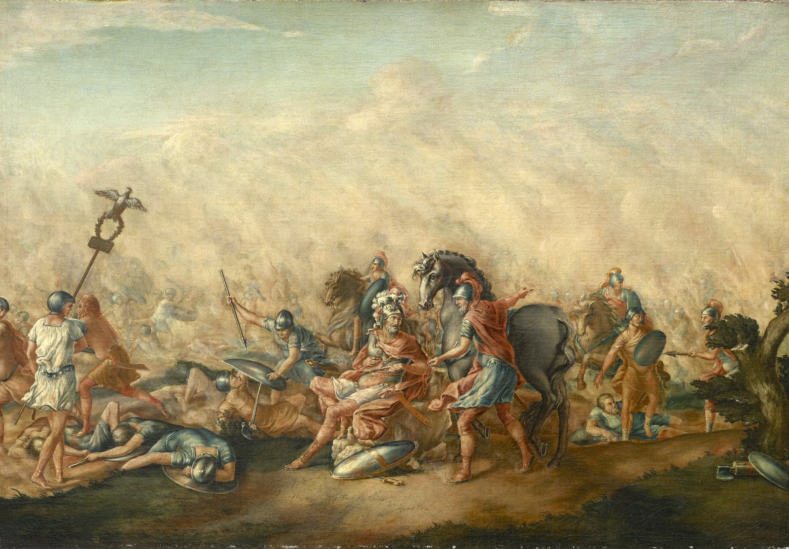 Oil painting of a battle in a cloud of dust: in the center a wounded Roman consul in a plumed helmet sits on the ground among fallen soldiers while a young officer beside a gray horse urges him to rise; Roman infantry, horsemen and an eagle standard fill the smoky background.
