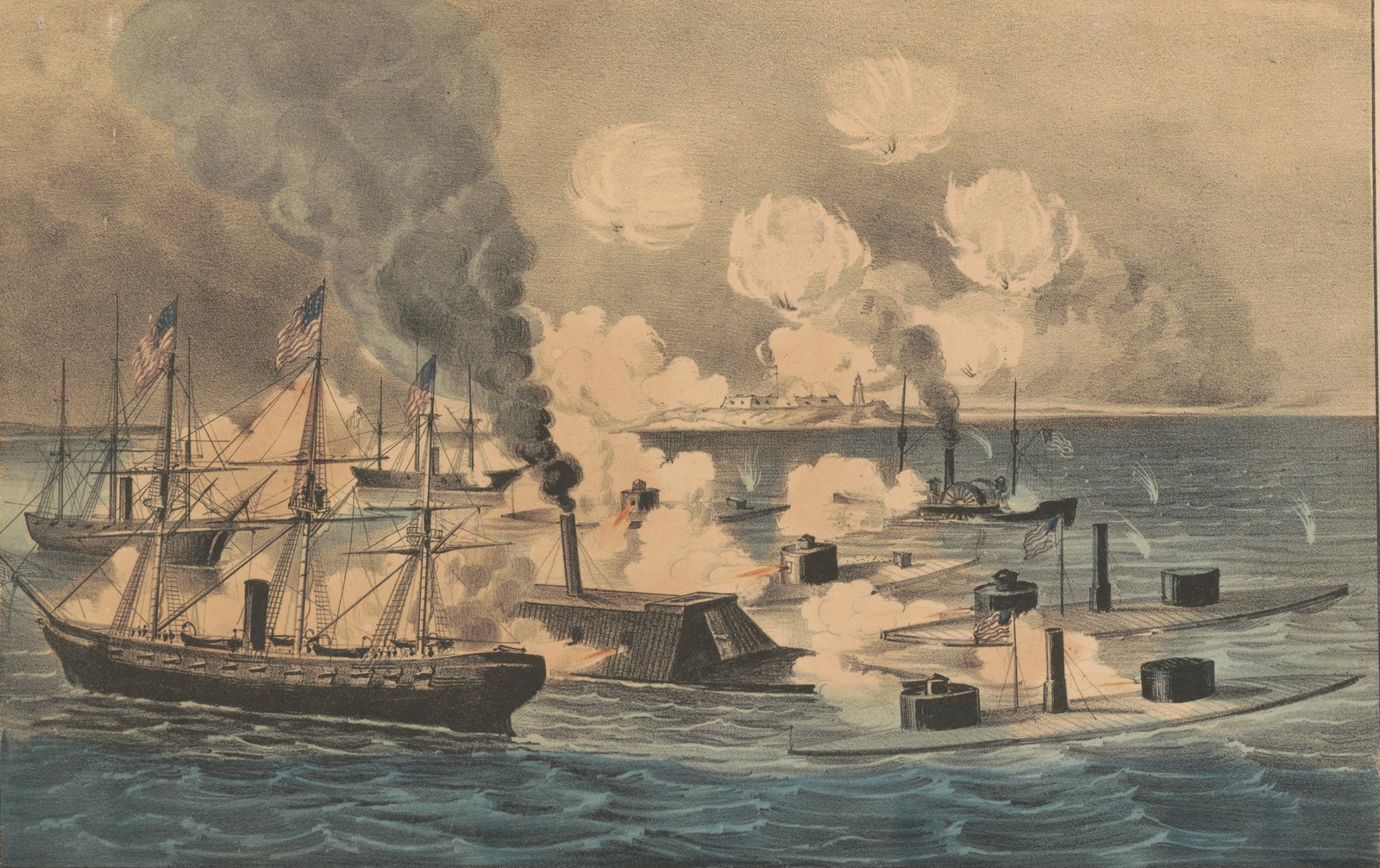 Hand-colored print of a naval battle: Union wooden warships under sail and steam with American flags fire broadsides at a low, slope-sided Confederate ironclad, while flat turreted monitors steam in the foreground and shells burst over a fort on the distant shore.