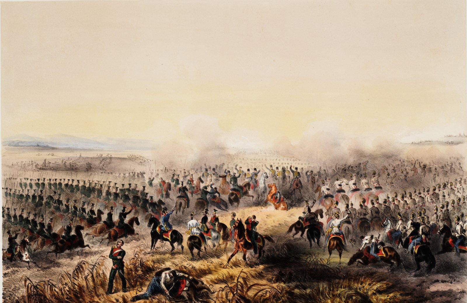 Hand-colored lithograph of a cavalry fight on a flat, dusty plain: hussars and Austrian horsemen clash in a cloud of smoke, lines of infantry stand on either side, and a fallen rider lies in the stubble in the foreground.