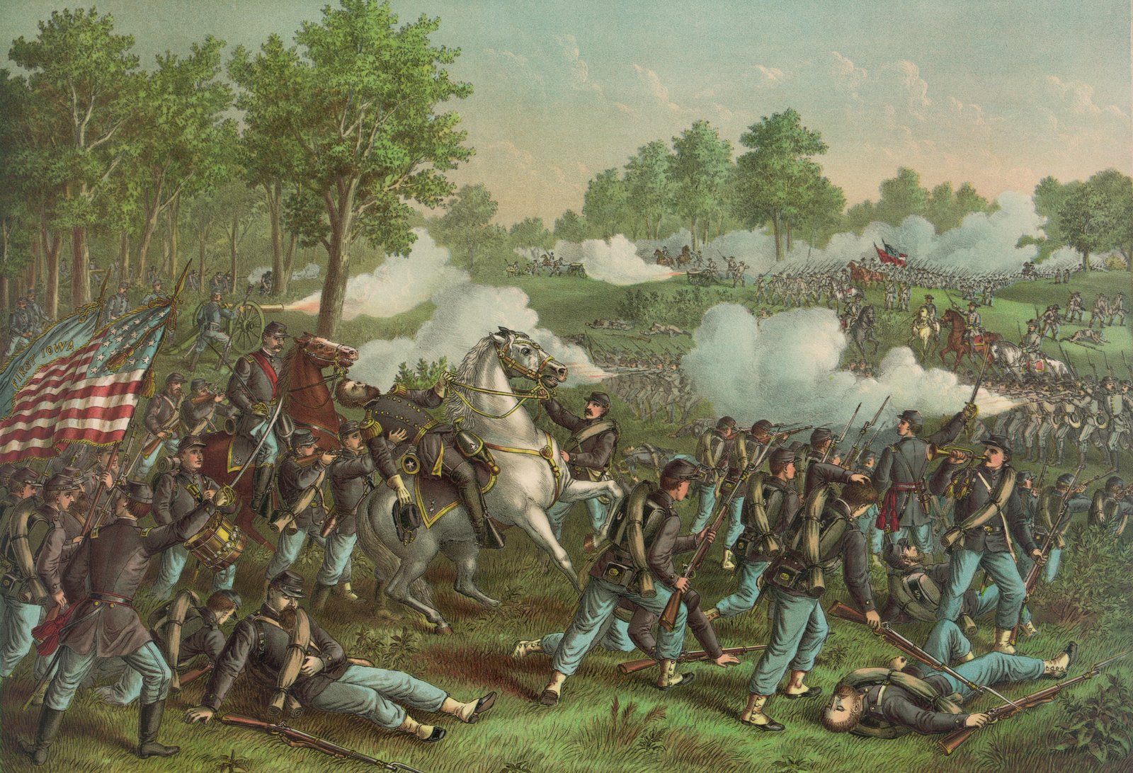 Color lithograph of a Civil War battle in green, wooded country: Union infantry in blue with a Stars and Stripes flag surge forward around a general falling from a rearing white horse, while Confederate lines fire from a smoky ridge in the distance.