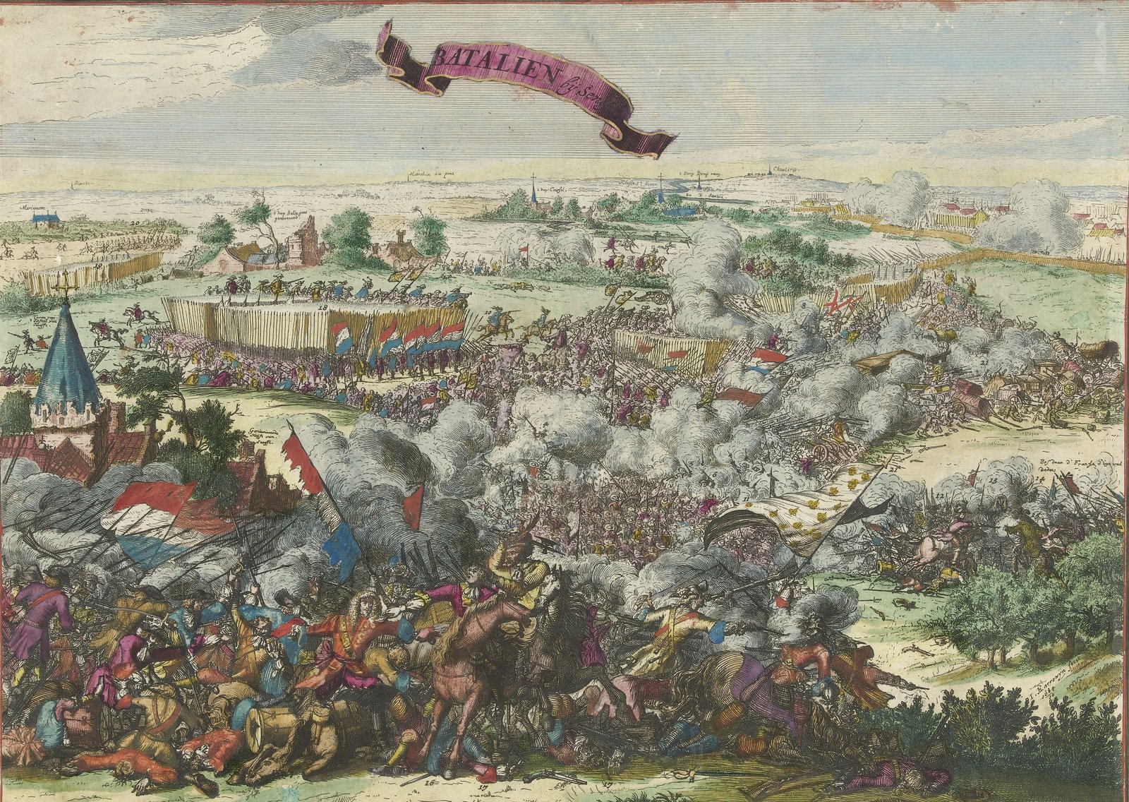 Hand-colored etching of a 17th-century battle seen from above: a cavalry melee with banners in the foreground, smoke rising over masses of troops in the middle distance, a church spire on the left and flat farmland stretching to the horizon under a banner reading Batalien by Senef.