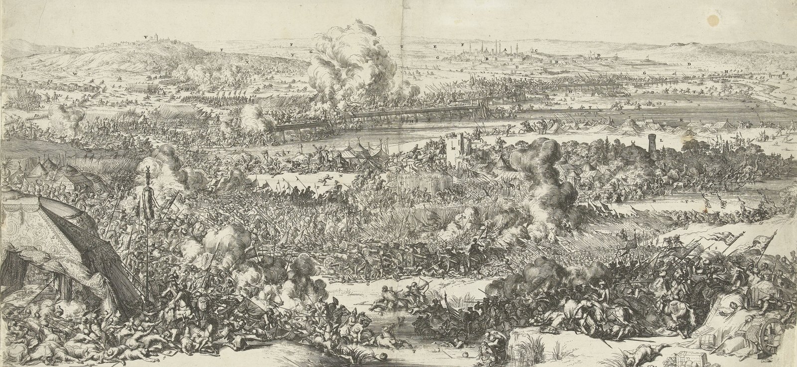 Wide black and white etching of a 17th-century battle across a rolling plain: in the foreground masses of cavalry and infantry clash among bodies and an Ottoman tent, with smoke rising over an entrenched camp in the middle distance and hills and a town on the horizon.