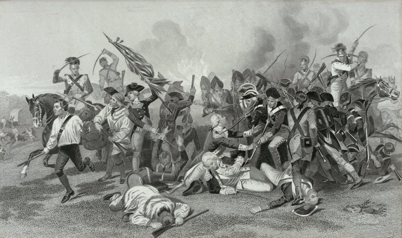 Engraving of the Battle of Camden: amid smoke, a fallen general in a light coat lies wounded at the center while his soldiers try to shield him from British grenadiers and dragoons with raised sabers; a militiaman in a white shirt runs away on the left and a torn American flag waves above the melee.