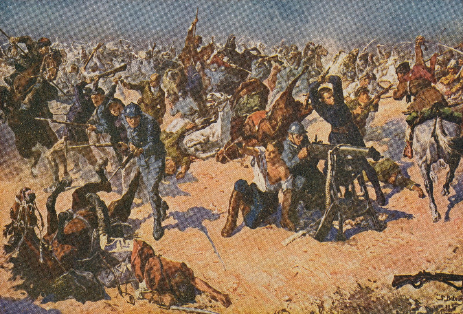 Painting of the Battle of Zadwórze: on a sunlit sandy field, young Polish volunteers in blue uniforms and helmets, one of them stripped to the waist and wounded, fight around a heavy machine gun and with bayonets and rifle butts while a mass of Soviet cavalry with raised sabers charges in from all sides and horses fall in the foreground.