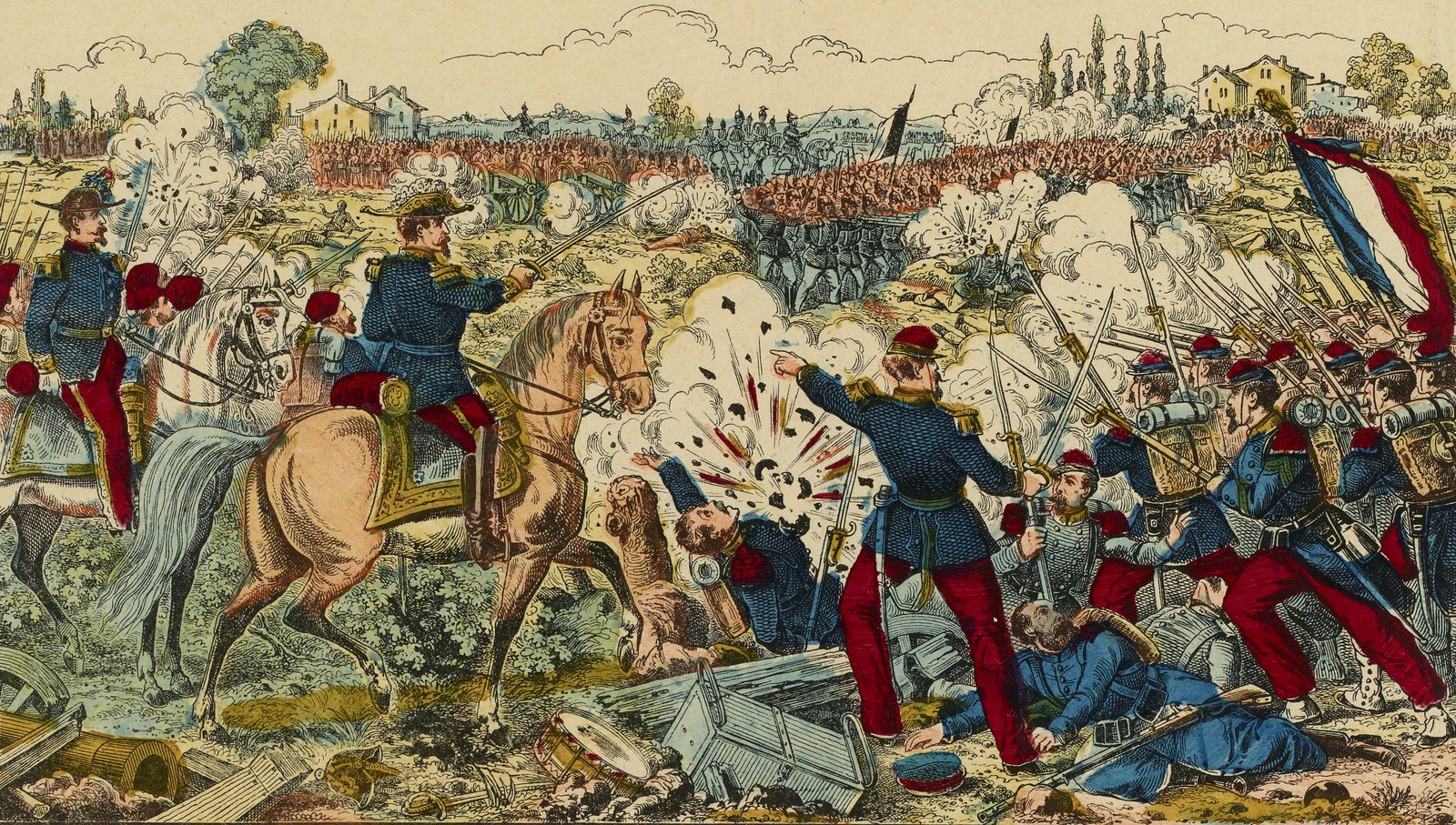 Hand-colored popular print of the Battle of Saint-Privat: French officers on horseback and infantry in blue coats and red trousers advance with fixed bayonets under a tricolor flag while a shell bursts among them and soldiers fall; long lines of troops and the smoke of gunfire stretch across the fields to a village on the hills behind.