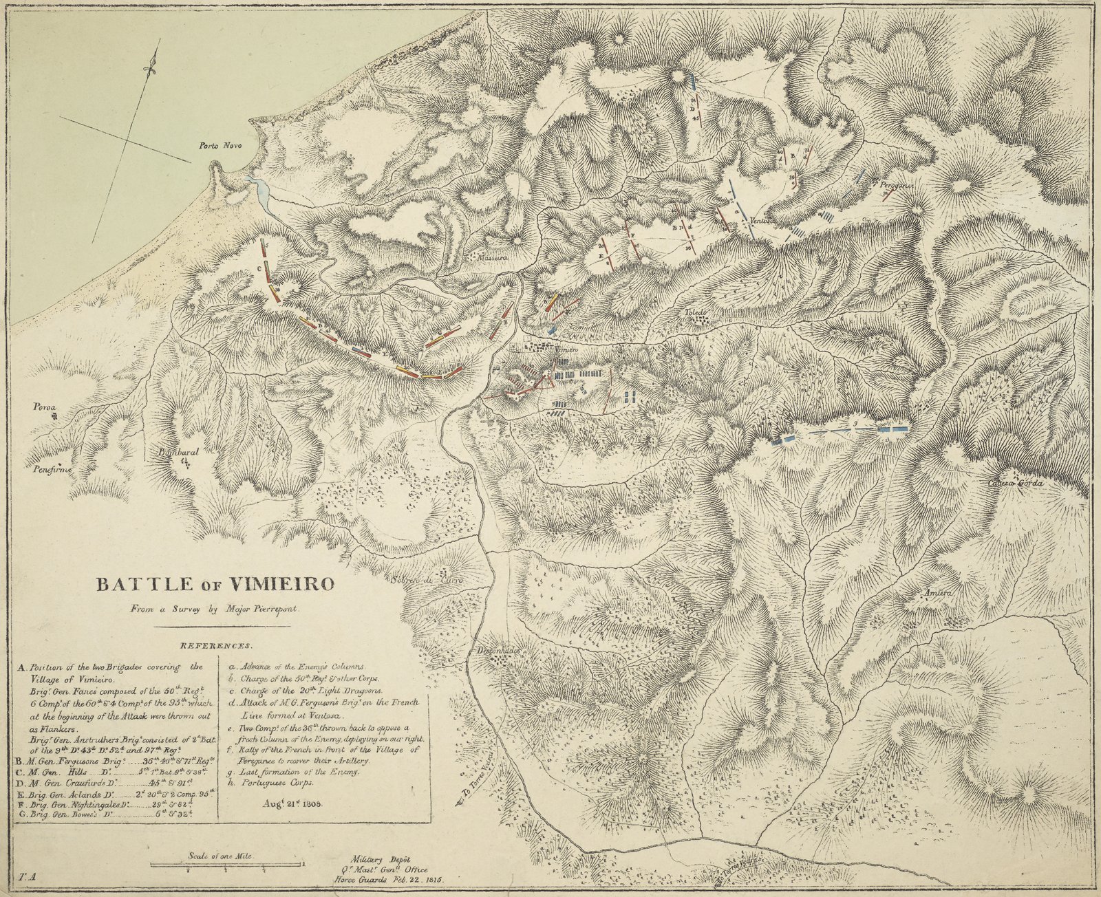 Hand-drawn 19th-century map of the Battle of Vimeiro: hills shown with fine hachures stretch inland from the sea at Porto Novo in the upper left, British positions marked in red and French columns in blue lie around the village of Vimeiro in the center, and a lettered key in the lower left explains the brigades and attacks.