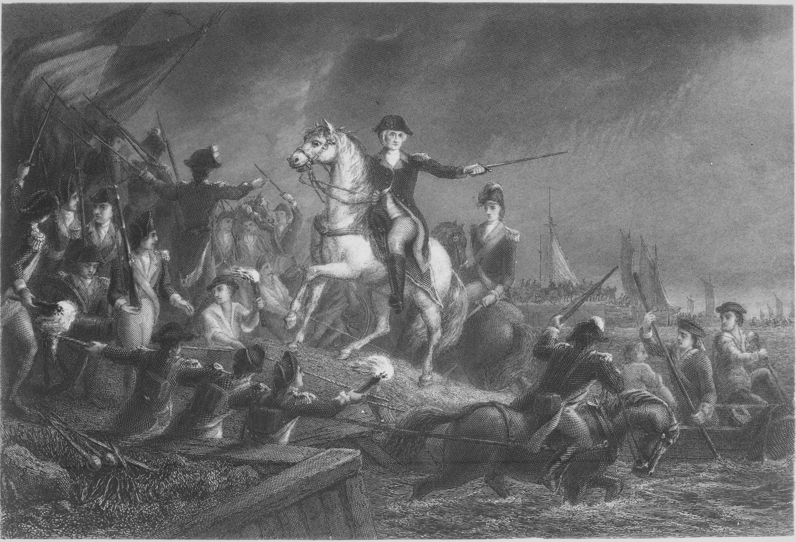 Engraving of George Washington on a rearing white horse at the water's edge, pointing with his sword as soldiers with muskets and torches crowd onto the shore and into rowing boats, with sailing vessels and a stormy sky behind them.
