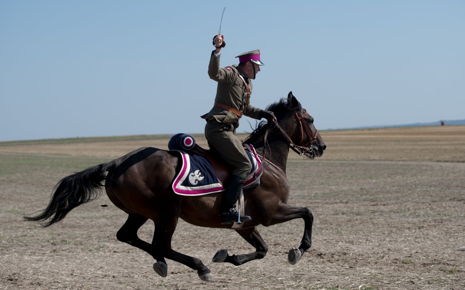 A rider in a Polish cavalry uniform of 1920, with a crimson-banded cap and a crimson-trimmed saddlecloth, gallops across a dry, flat field with his saber raised under a clear blue sky.