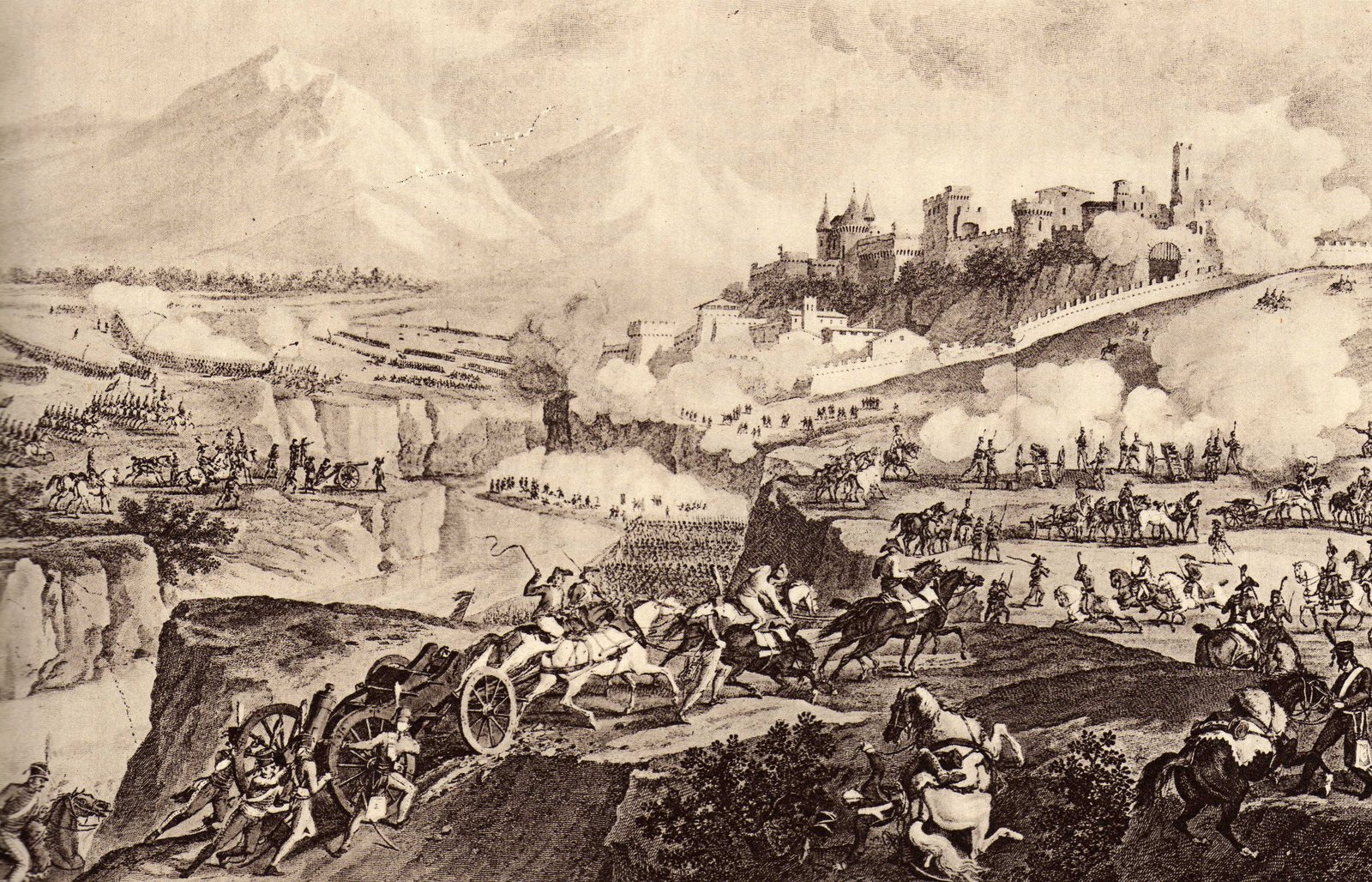 Engraving of a battle in a mountain valley: French gunners and horses haul cannon up a rocky slope in the foreground, columns of infantry and puffs of gun smoke fill the valley, and a walled castle on a crag overlooks the fighting beneath snowy peaks.