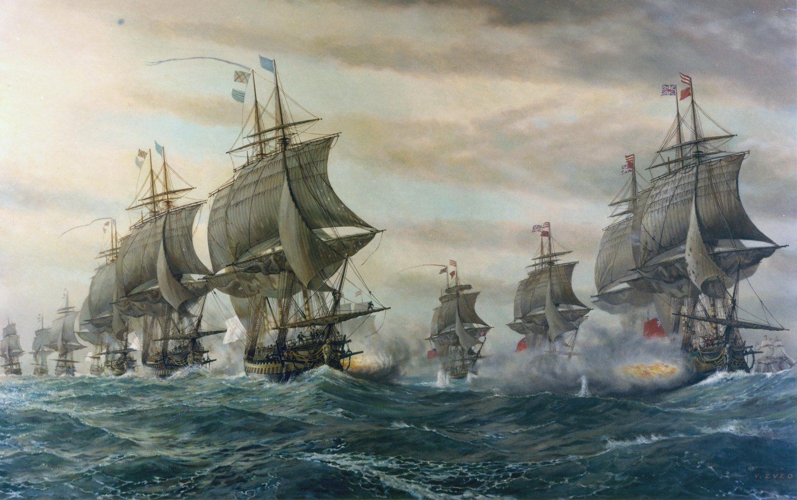 Oil painting of two lines of sailing warships firing broadsides at each other on a rough green sea, the French ships under white flags on the left and the British ships under red ensigns on the right, with smoke and muzzle flashes between them.