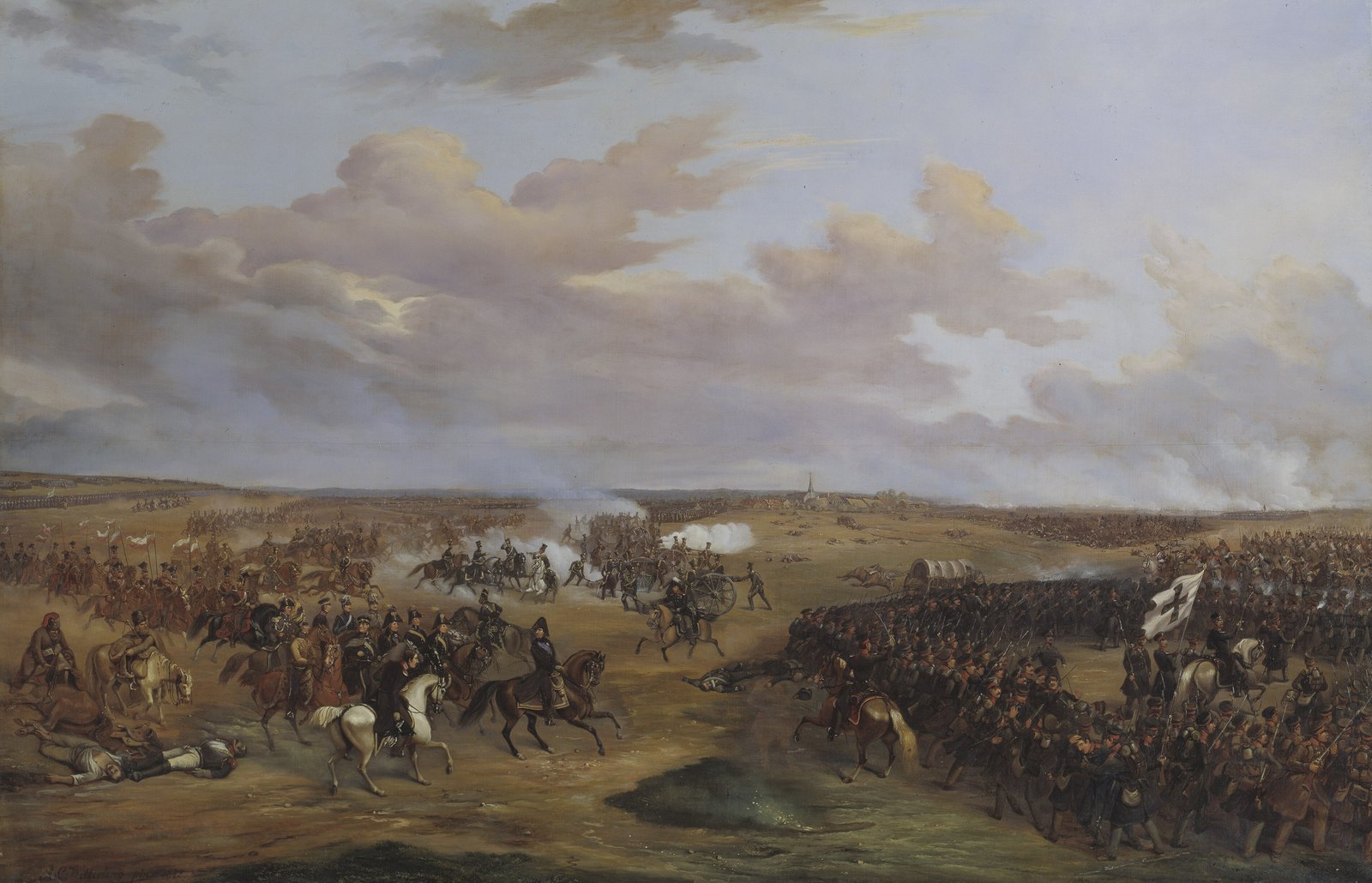 Oil painting of a wide, flat battlefield under a cloudy sky: a group of mounted officers rides across the left foreground past fallen soldiers, while dense ranks of infantry with a white banner advance on the right and gun smoke drifts over a village church spire in the distance.