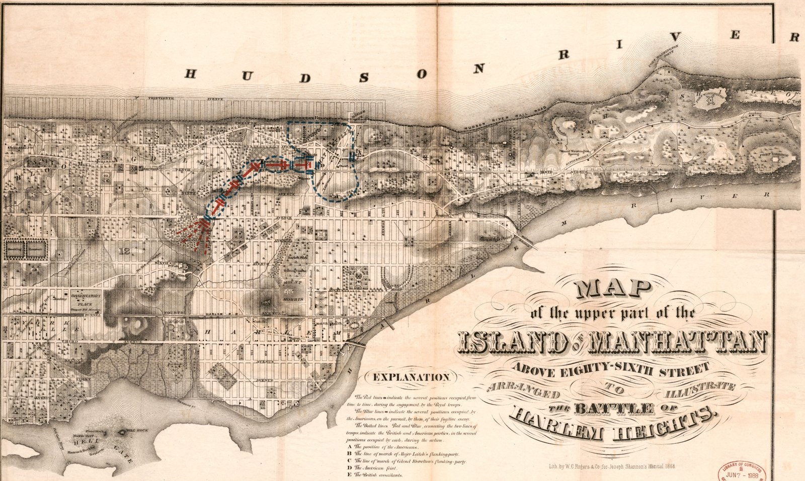 Nineteenth-century lithographed map of upper Manhattan between the Hudson and Harlem rivers, laid over the later street grid, with red and blue lines marking British and American positions across the valley where the Battle of Harlem Heights was fought, and a large decorative title at lower right.