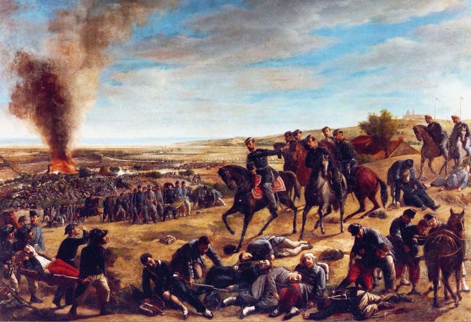 Oil painting of a battlefield on rolling farmland: a mounted general in a dark uniform points ahead with his staff behind him, wounded and dead soldiers lie in the foreground, a column of prisoners files past, and black smoke rises from a burning farmhouse on the plain toward the sea, with a domed church on a hill at right.