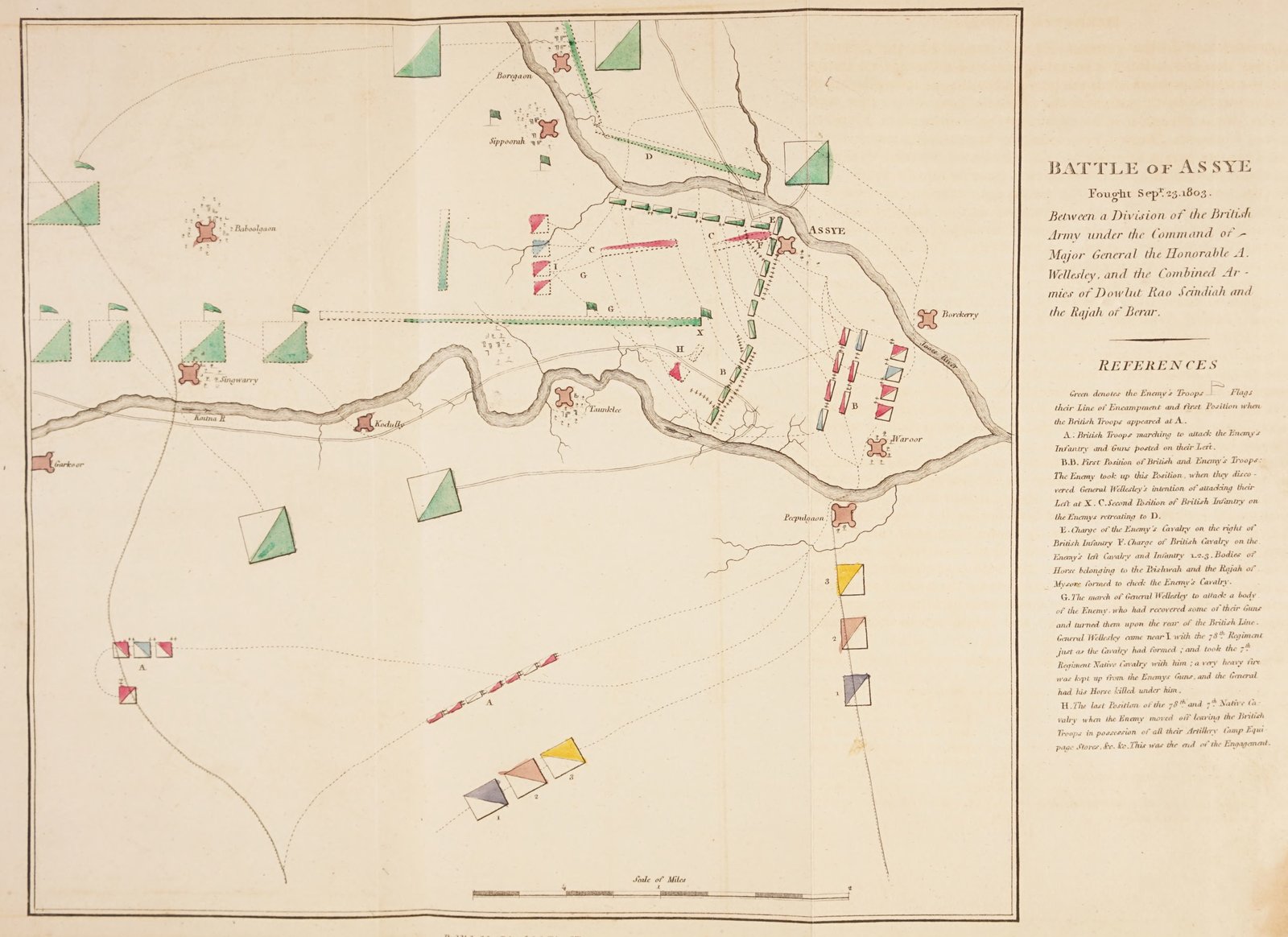 Hand-colored engraved battle plan from 1804 showing the Kaitna and Juah rivers meeting near the village of Assye, with British troop blocks in red crossing a ford by Peepulgaon and green Maratha positions and camps, and a lettered key on the right.