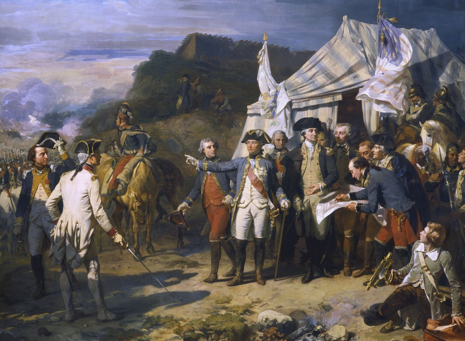 Oil painting of French and American officers before a striped tent flying white French flags: a French general in a blue coat and red sash points toward the siege works, George Washington stands beside him, an engineer spreads a map, and a young aide kneels with surveying instruments, with troops and smoke in the distance.