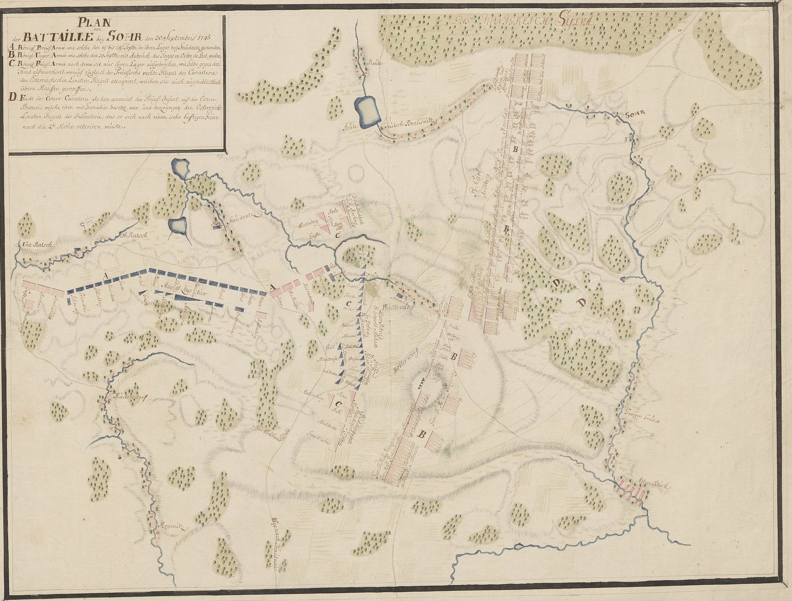 Hand-drawn and watercolored eighteenth-century battle plan on yellowed paper, with dark blue blocks for the Prussian army and pink blocks for the Austrian army among green woods, streams and villages, a lettered key in a box at upper left, and the title Plan der Battaille bey Sohr den 30 Septembris 1745.