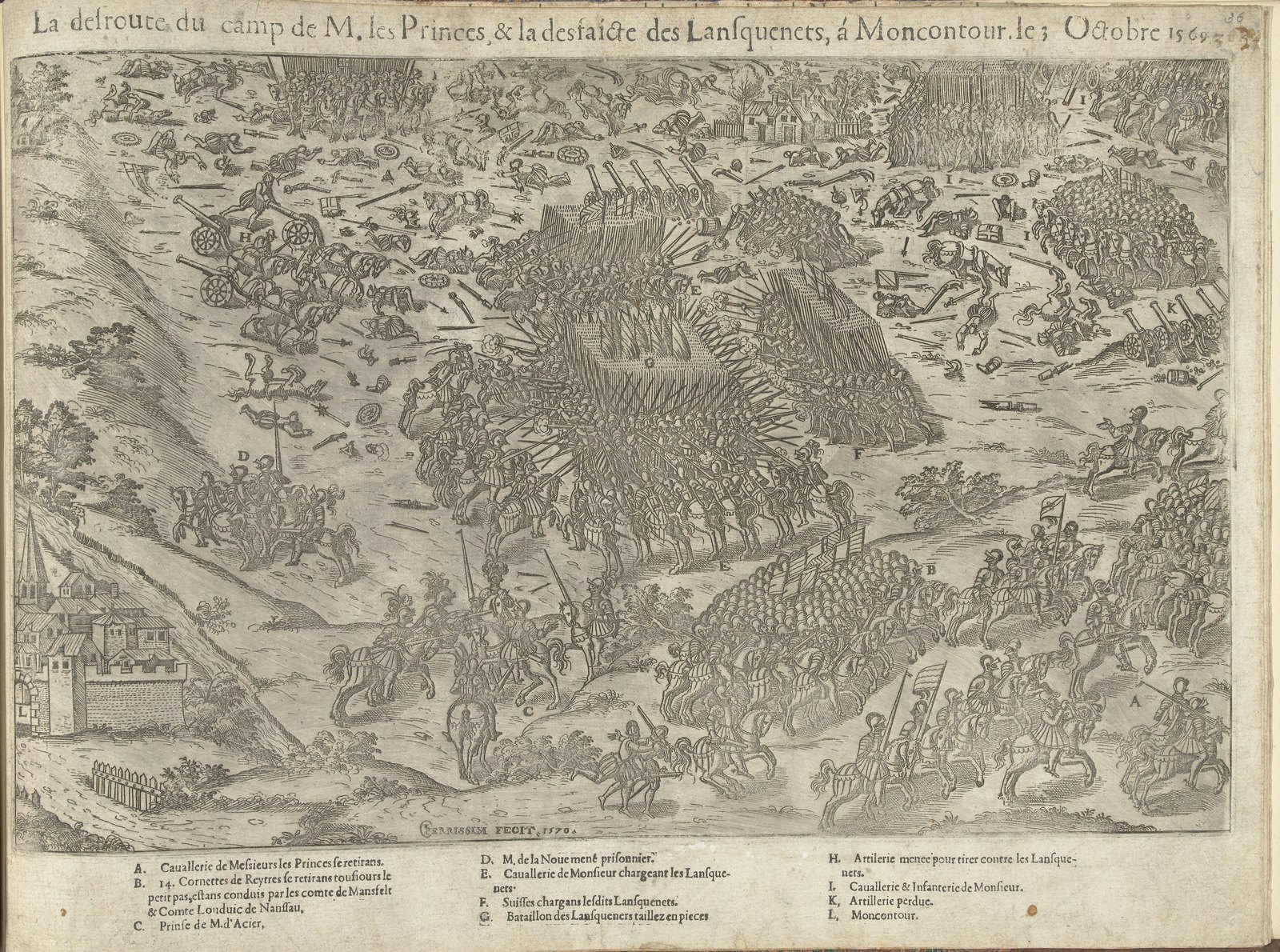 Detailed sixteenth-century engraving of the rout at Moncontour: massed royal cavalry and a Swiss pike square close in on a square of German landsknechts in the center, dead men and horses litter the slopes, guns stand abandoned, and a walled town with a church spire sits at the lower left, with a lettered key along the bottom.