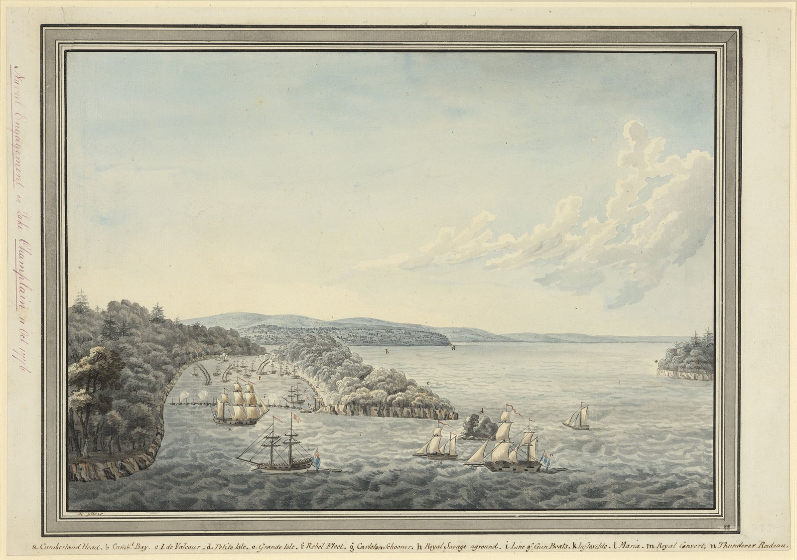 Eighteenth-century watercolor of Lake Champlain: on the left the American line of small vessels lies across the narrow channel behind wooded Valcour Island, firing at a line of British gunboats, while British sailing ships and a schooner stand in the open lake in the foreground under a wide, cloudy sky; a lettered key runs along the bottom margin.