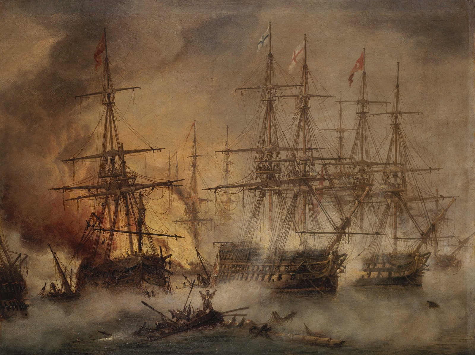 Oil painting of the battle of Navarino in 1827: burning Ottoman ships in smoke on the left, allied warships in the center and on the right, and survivors in a boat in the foreground.