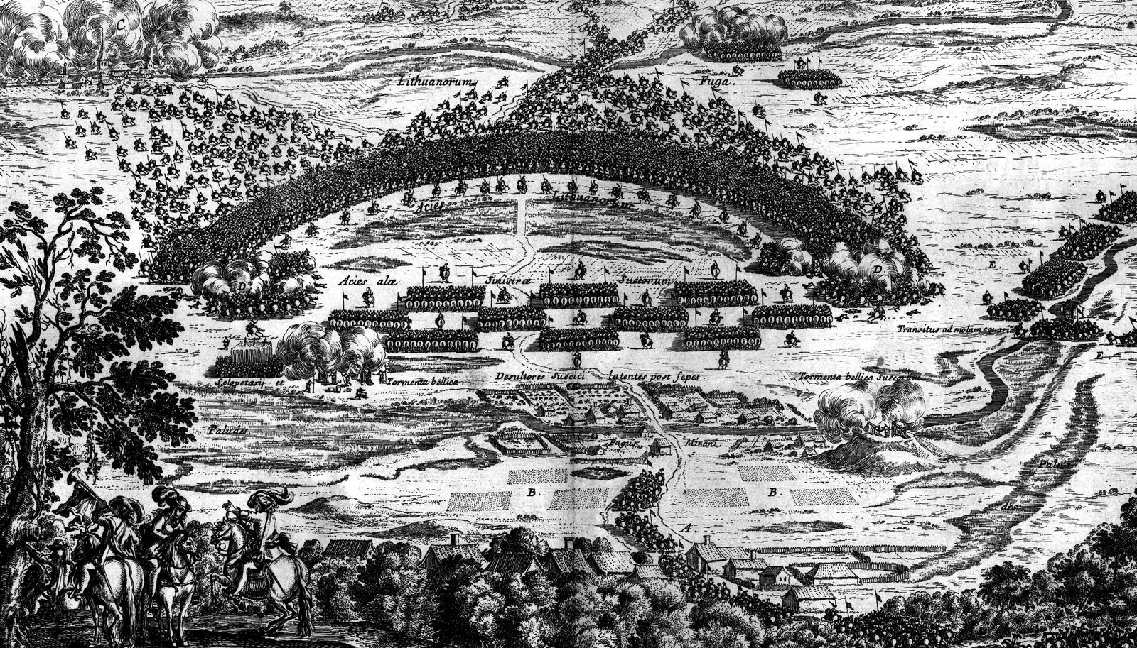 Engraving of the battle of Filipów in 1656: Swedish and Brandenburg battalions in the center of the plain, the Lithuanian army drawn up in a crescent on the hill, and artillery smoke over the fields.