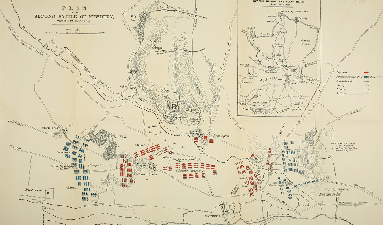Printed 1878 plan of the Second Battle of Newbury, 26 and 27 October 1644. Royalist units in red and Parliamentary units in blue are drawn around Speen and Newbury, with an inset sketch of the flank march.