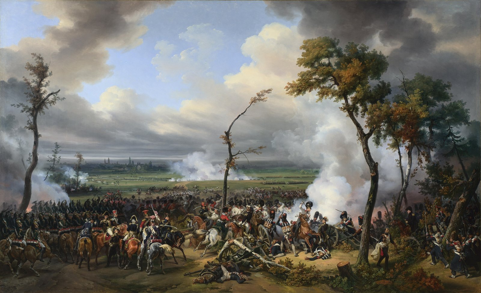 Horace Vernet's 1824 painting of the Battle of Hanau. Cavalry and artillery of both armies clash in smoke on open ground, with trees in the foreground.