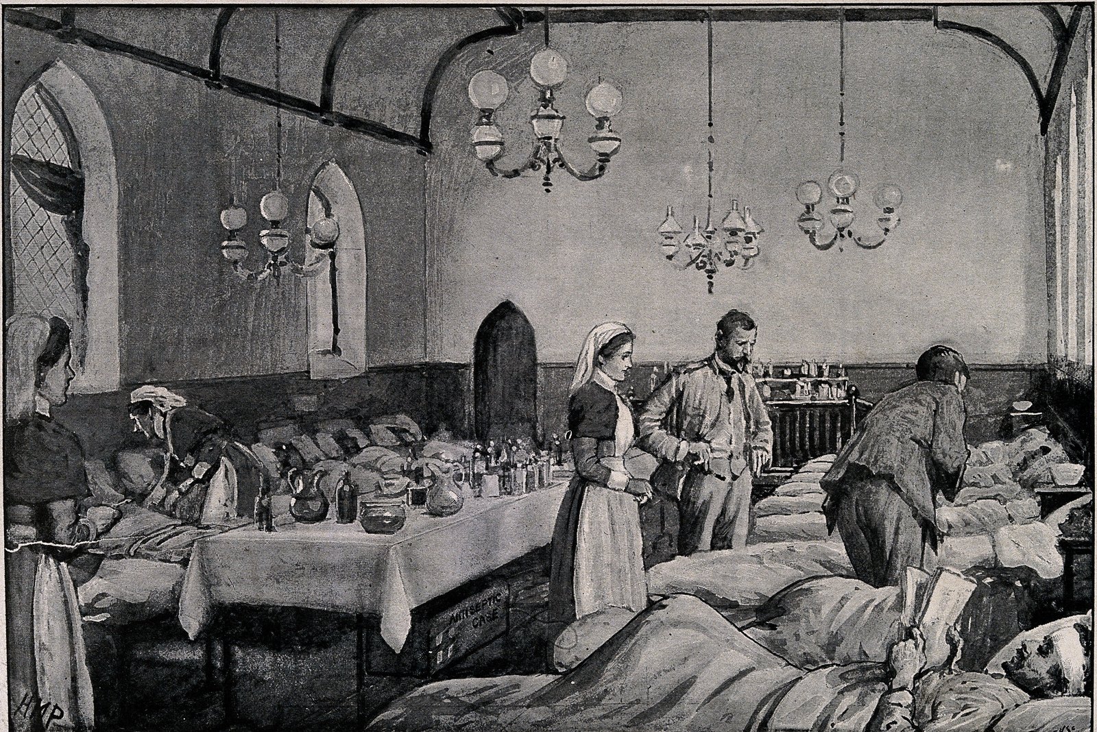 Black and white illustration: the interior of a church with arched windows and hanging oil lamps turned into a hospital ward, with rows of wounded men in beds, a table of bottles and jugs, nurses in white caps and aprons, and an officer in uniform talking to a nurse.