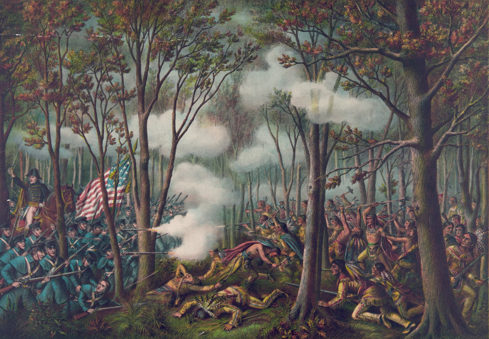 Colored lithograph of a battle in an autumn forest: on the left American soldiers in blue coats fire from a line under the Stars and Stripes, led by a mounted officer waving his hat, while on the right Native warriors with feathers and raised tomahawks charge through gun smoke between the trees.