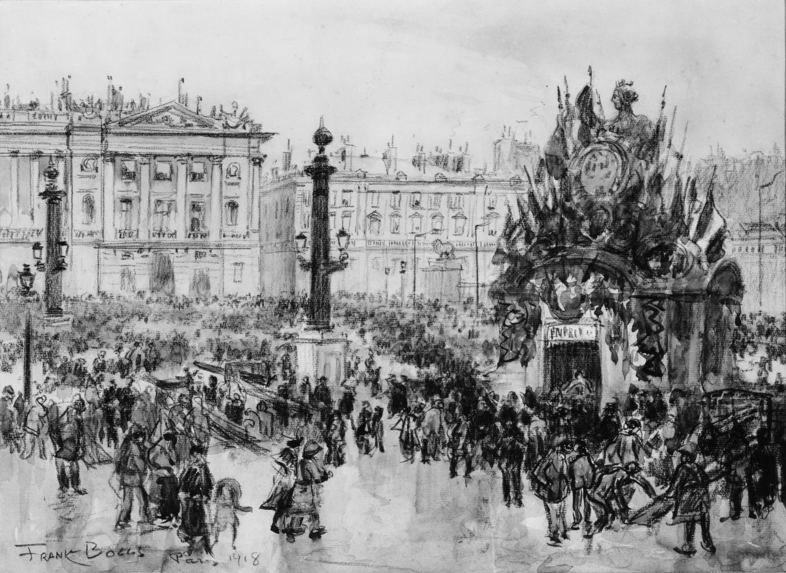 Black and white watercolor sketch of a crowded Paris square: people in coats and hats fill the open space between tall lamp columns and grand colonnaded buildings, and at the right a statue on a pedestal is heaped with flags and garlands.