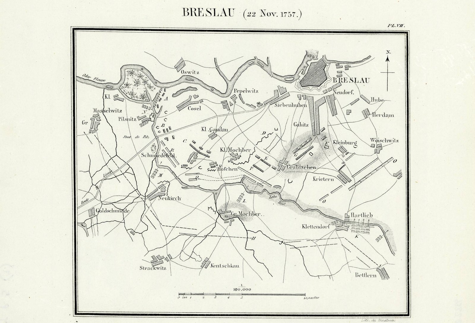 Black-and-white plan of the Battle of Breslau, 22 November 1757: the walled city of Breslau on the Oder at top right, the winding Lohe stream running across the middle, and blocks marking Austrian and Prussian infantry and cavalry around the villages west and south of the city.
