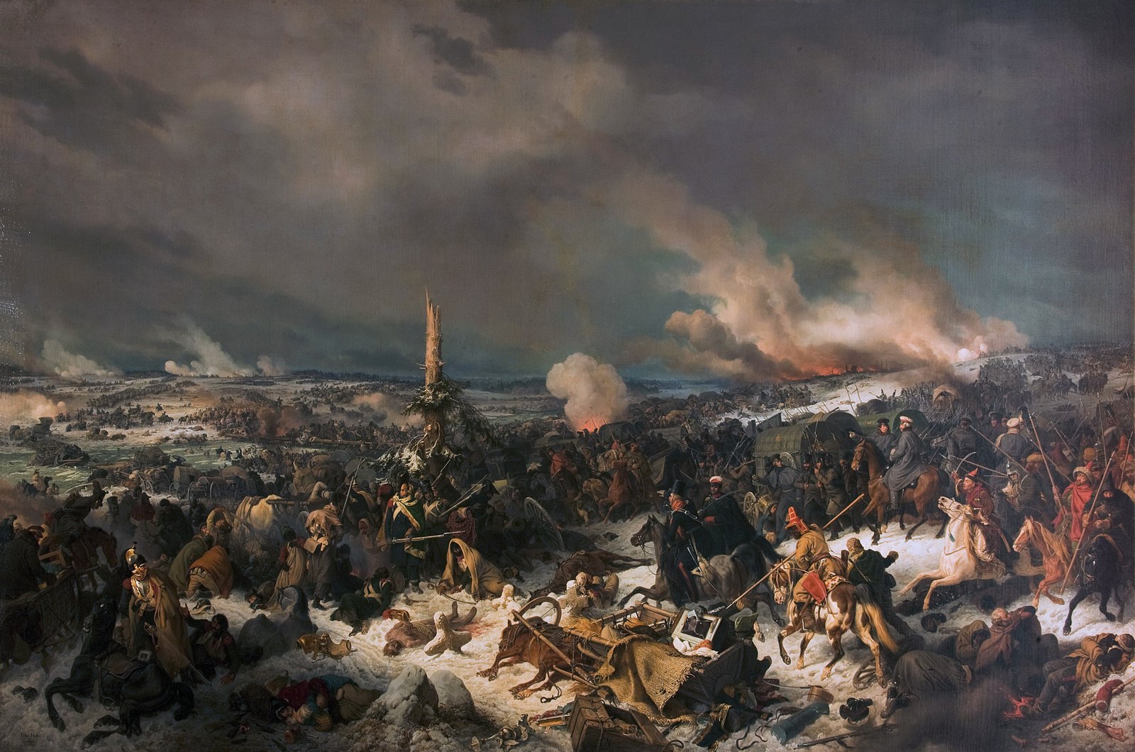 Painting of the Berezina crossing under a dark stormy sky: a snowy riverbank strewn with dead men, horses and wrecked wagons, Cossacks with lances riding into a crowd of fleeing soldiers and civilians, a shattered fir tree in the middle, and smoke and fires along the river behind.