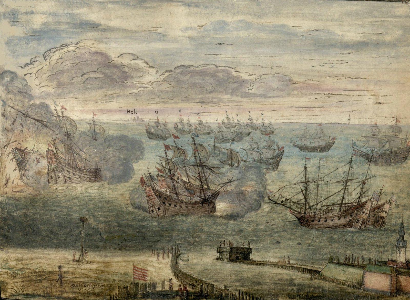 Seventeenth-century watercolor of the Battle of Oliwa: warships under sail and in clouds of gunsmoke off the coast, one ship exploding in flames on the left, more ships on the horizon by the Hel peninsula, and in the foreground a beach, a wooden pier and a fortified harbor tower with a red and white striped flag.