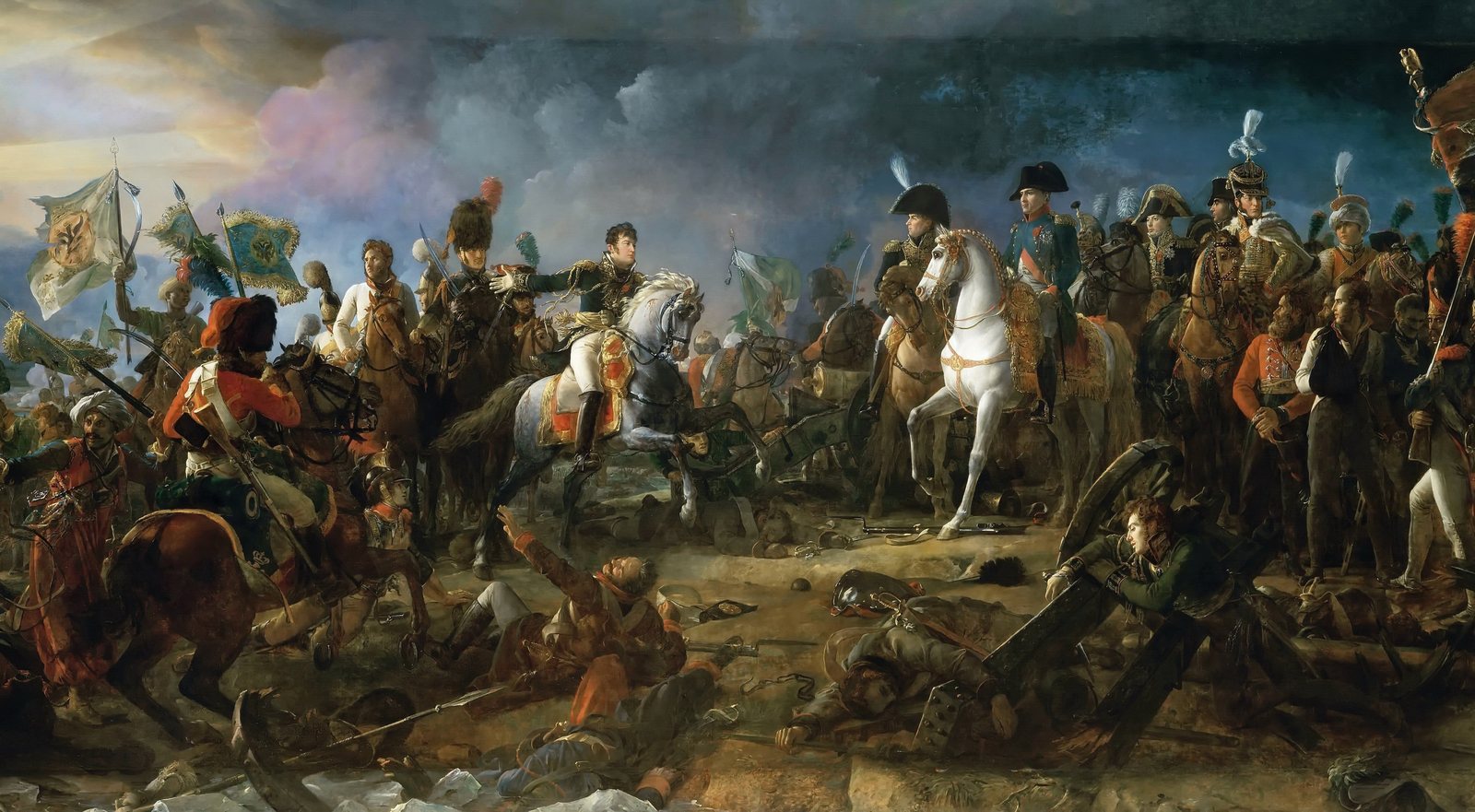 Large battle painting: Napoleon in a plain green coat and black bicorne sits a white horse on the right among his staff, while from the left a general on a gray horse gallops up with captured enemy standards, prisoners and wounded men lying in the foreground and a stormy sky above.