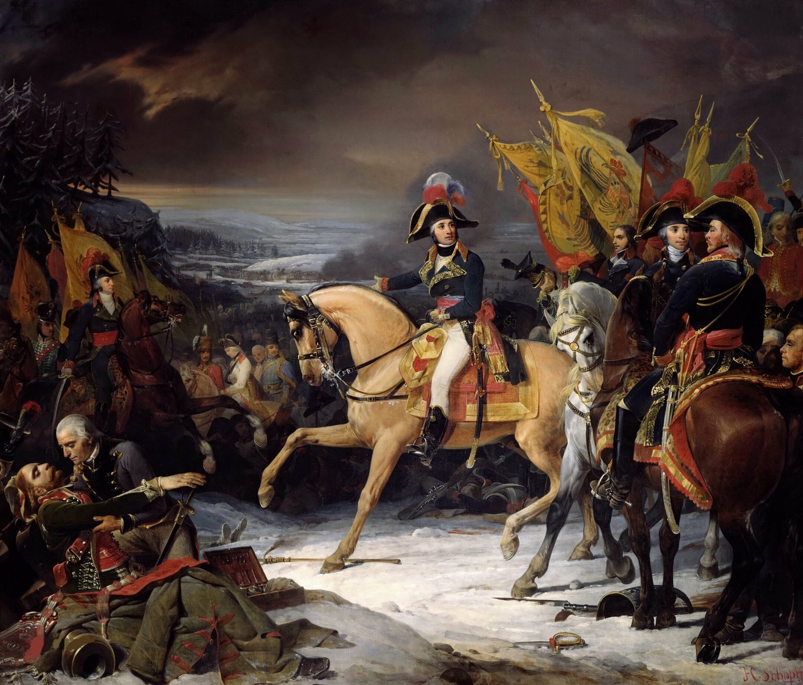 Painting of a snowy battlefield: a French general in a plumed bicorne on a pale horse gestures across a white valley, surrounded by officers holding captured yellow Austrian standards, while wounded soldiers lie in the snow in the foreground and dark pine woods rise on the left.