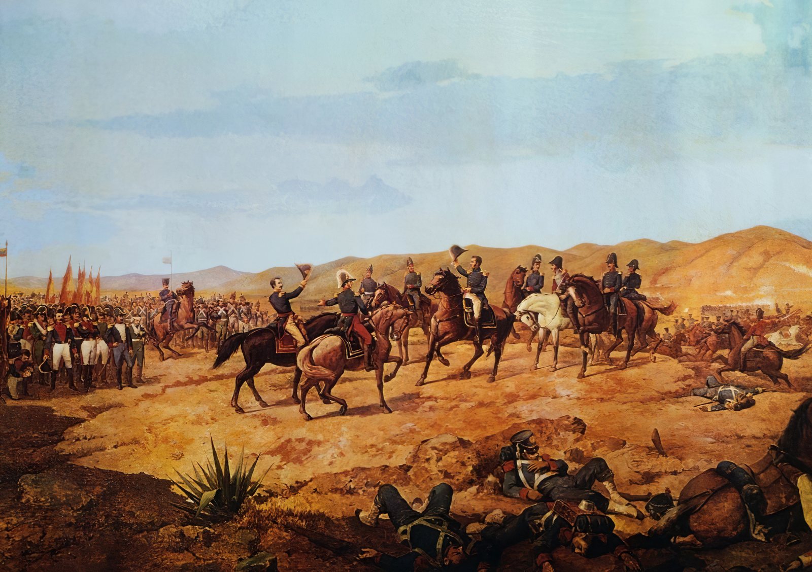 Painting of a sunlit plateau below bare ocher hills: patriot officers on horseback raise their hats in salute as they ride toward ranks of royalist troops with red and gold flags on the left, while fallen soldiers lie among agave plants in the foreground.