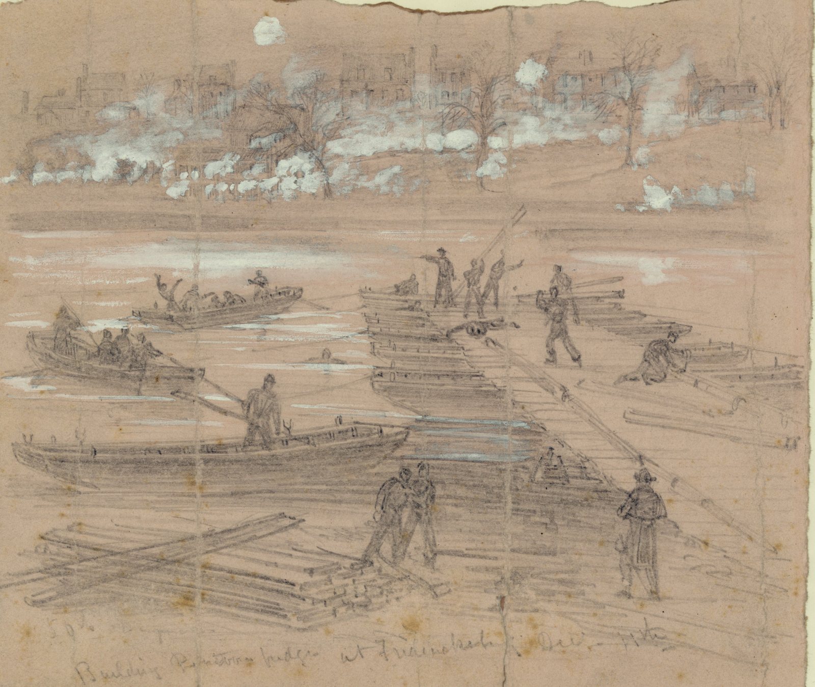 Pencil and white chalk sketch on tinted paper: soldiers in boats and on a half-built pontoon bridge work across a river, one man falling into the water, while smoke from gunfire rises in front of the brick houses of a town on the far bank.