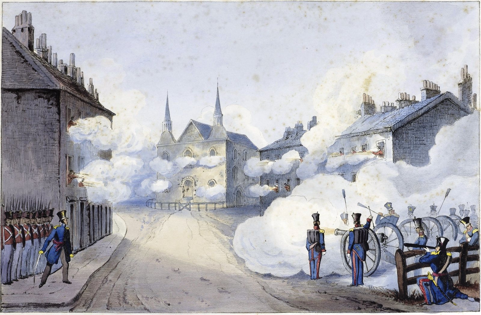 Hand-colored lithograph of a village street in winter light: British redcoats wait in line on the left while artillerymen in blue fire cannon on the right, and white smoke billows from the windows of houses and a twin-spired stone church at the end of the street.