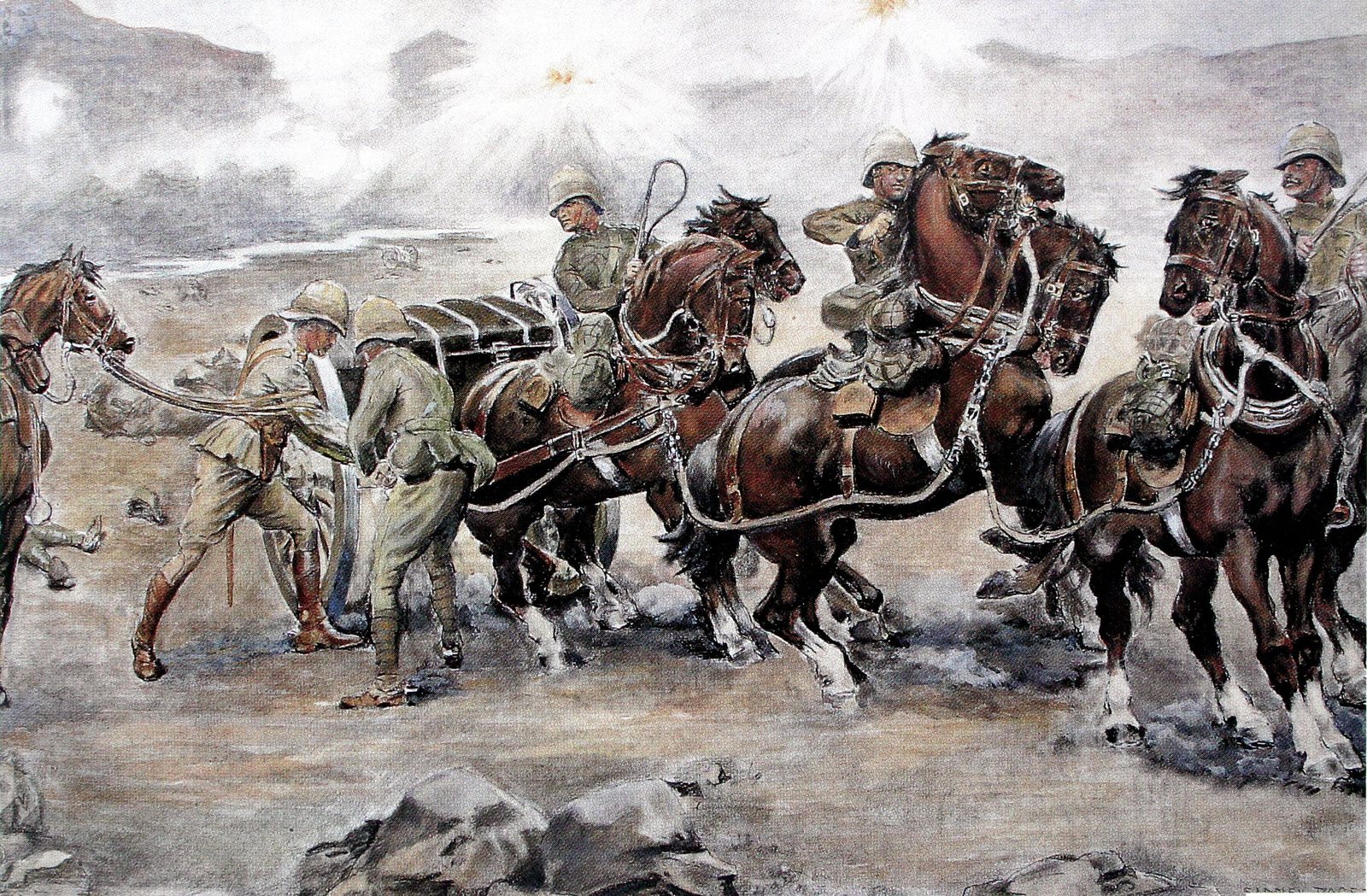 Watercolor of British gunners in khaki and sun helmets struggling to hitch a field gun to a team of rearing brown horses on open, stony ground, while shells burst in white flashes against the hills behind them.