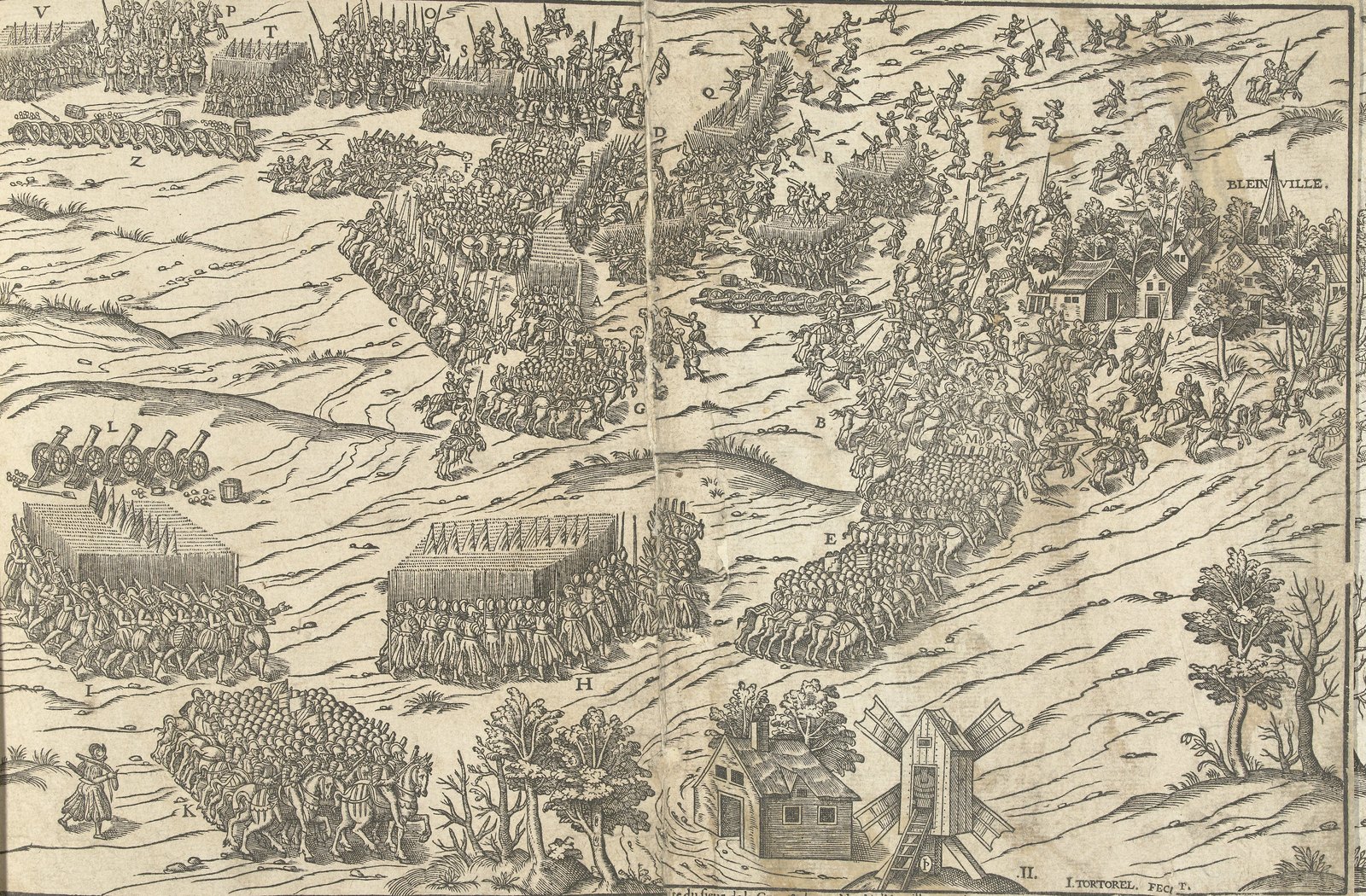 Woodcut-style engraving of a battlefield seen from above: blocks of pikemen and lines of guns in the foreground, masses of horsemen clashing in the middle distance, a village with a church spire on the right and a windmill at the bottom, with small letters marking the units.