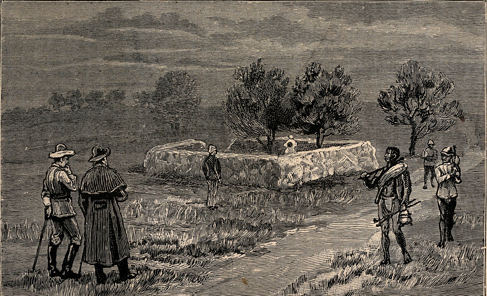 Engraving of a walled grave enclosure with a small cross, under a few trees on open grassland. Two men in broad hats and long coats stand on the left, and an African man with a bundle and two soldiers in helmets stand on a track on the right.